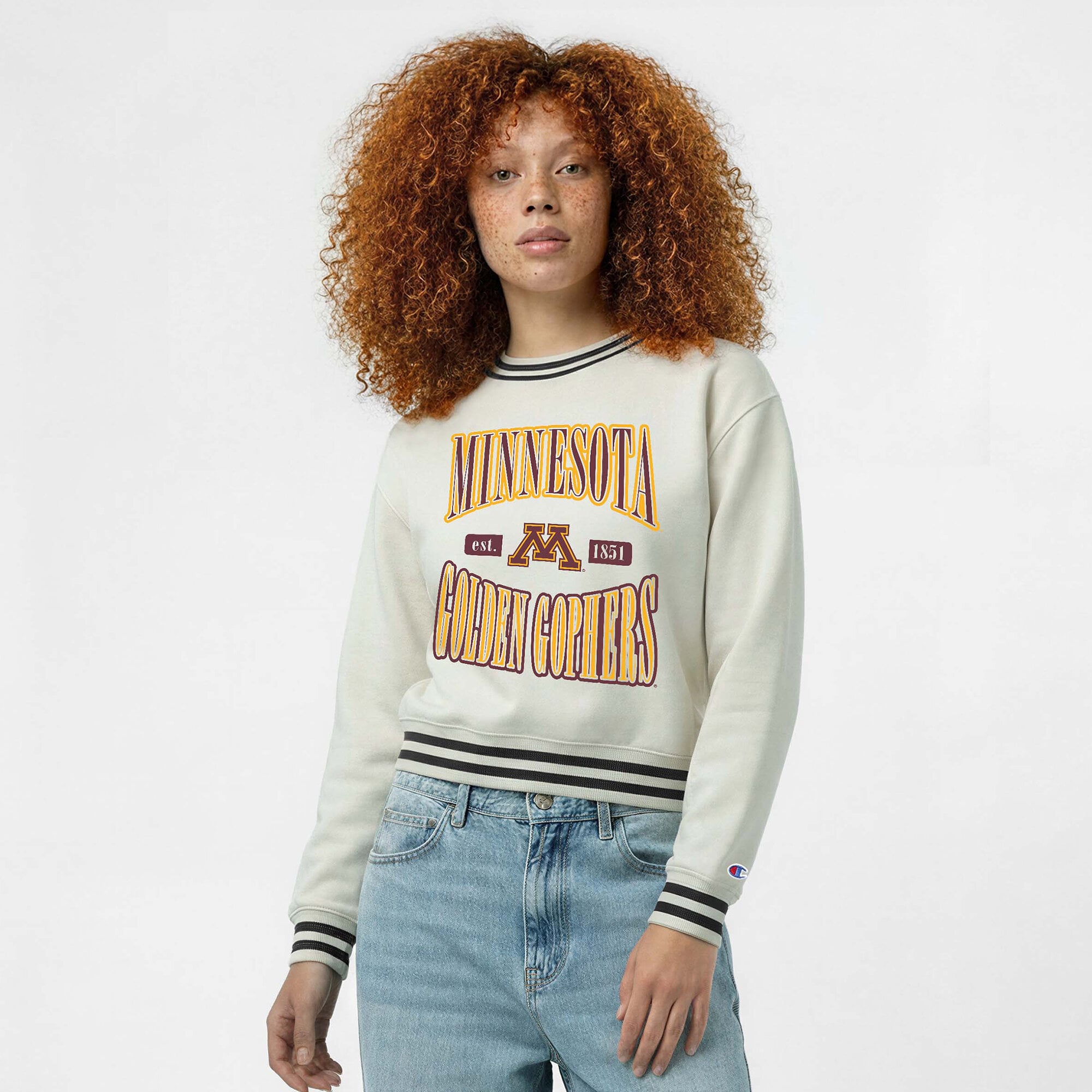 Women's Champion White Minnesota Golden Gophers Yarn Dye Rib Reverse Weave Crew Sweatshirt